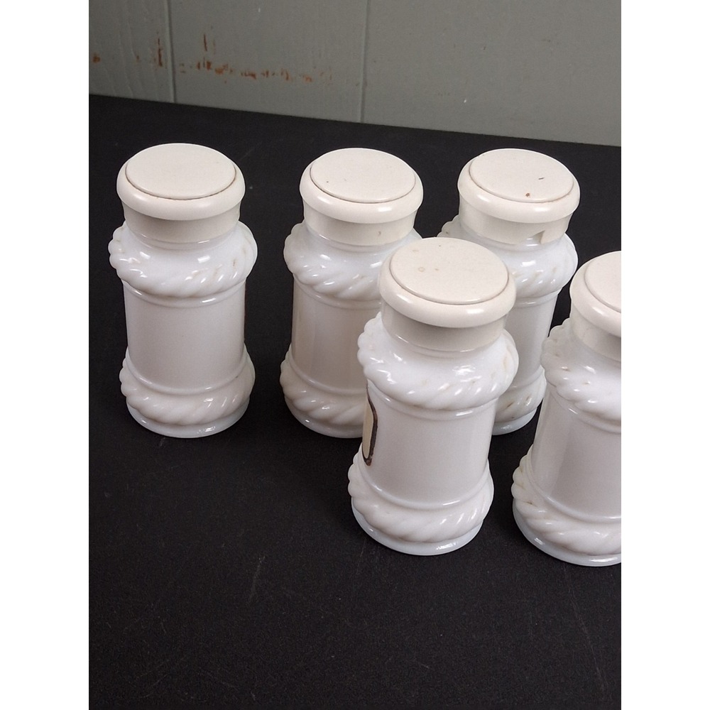 Vintage White Milk Glass Spice Apothecary Jars 3 1/2" Colonial Style Lot of 7 - Picture 3 of 11